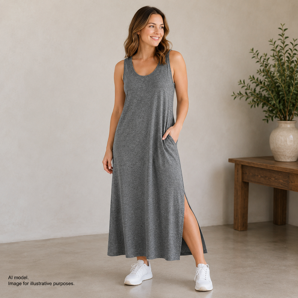 Fabletics Dress Womens Medium Gray Tank Midi Scoop Neck Stretch Casual Athletic